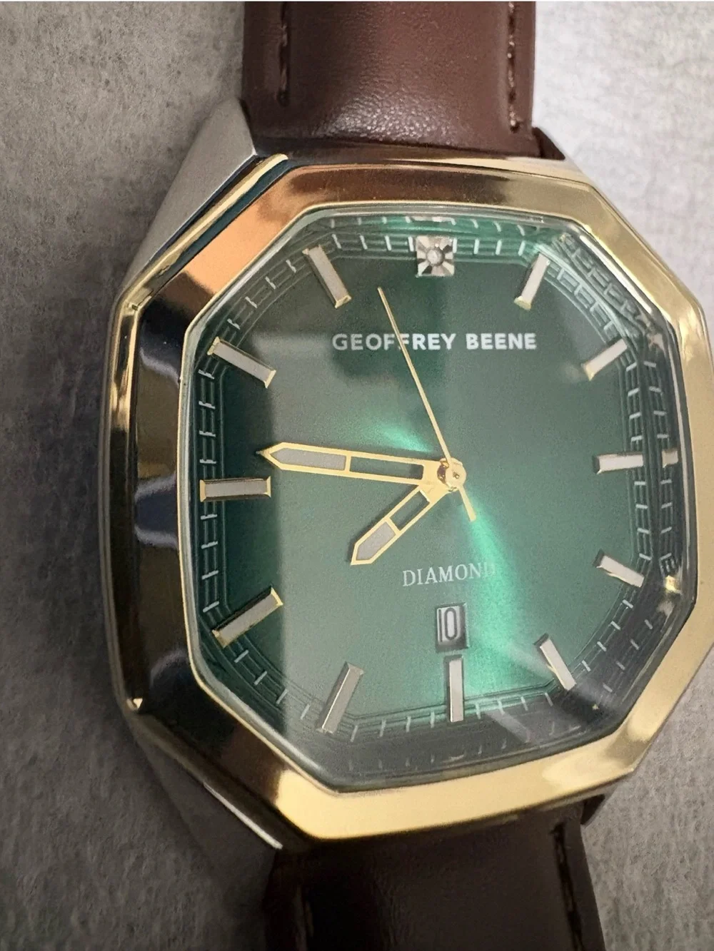 Geoffrey Beene Gold-Tone Bezel Green Dial Watch with Brown Strap